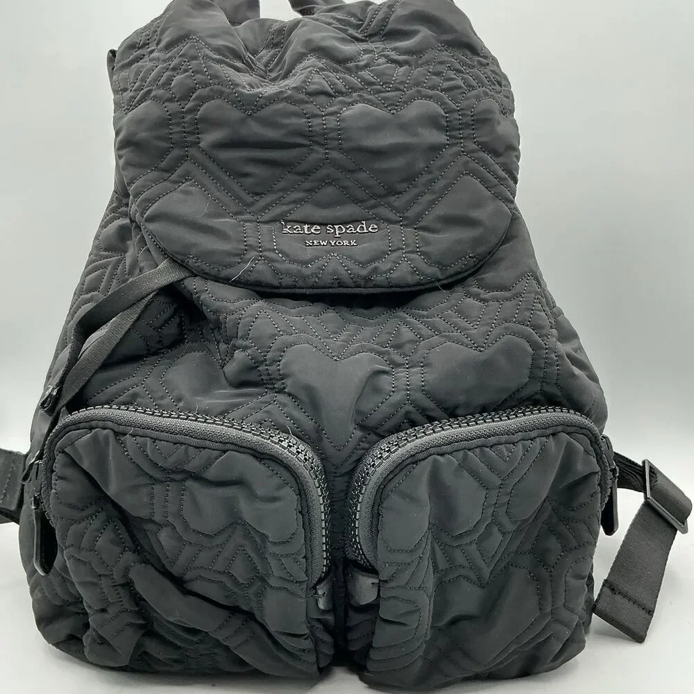Kate Spade Black Quilted Heart Nylon Backpack Drawstring Front Pockets